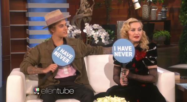 Madonna, Justin Bieber joc incendiar la Ellen DeGeneres